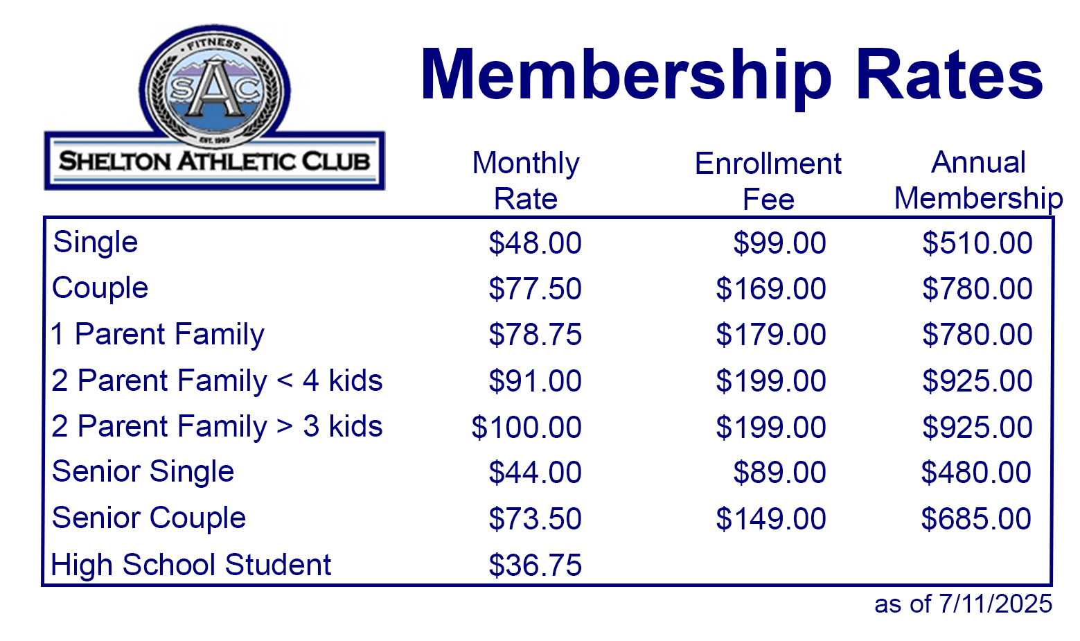 Shelton Athletic Club Membership Rates
